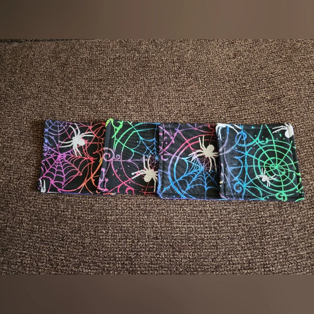 Halloween Coasters Set Of 4 Handmade Multicolored Spiderwebs New